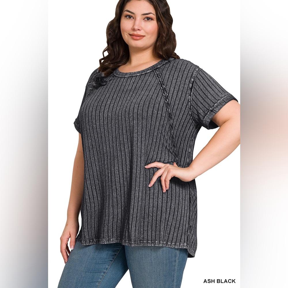 🆕 Zenana PLUS ACID WASHED RIBBED SHORT SLEEVE BOAT-NECK TOP